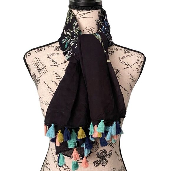Floral Black Scarf/Wrap with  Tassels One Size - Picture 1 of 6